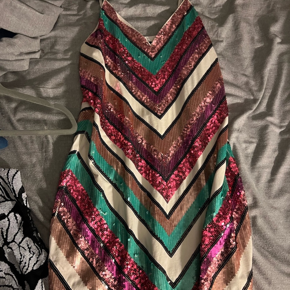Express Sequin Chevron Mini Dress - Pink, Green, Brown